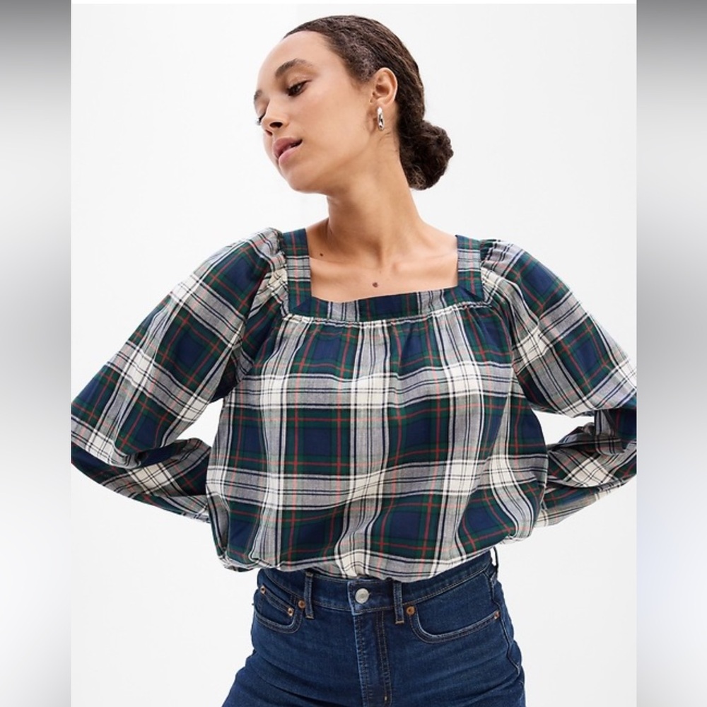 Gap Women’s Square Neck Plaid Holiday Blouse Medium Cottagecore Peasant Staple